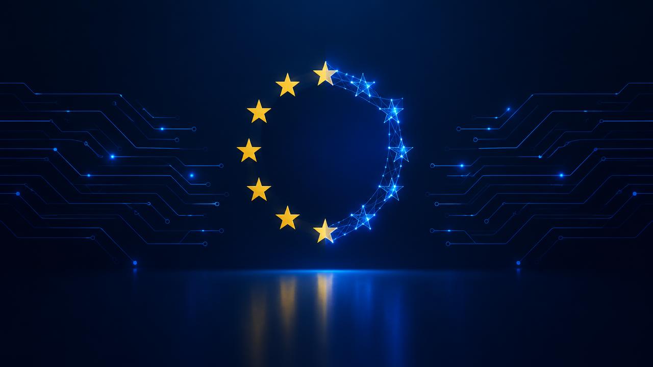 Abstrakti kuvitus EU-lippua muistuttavasta tähdestä ja tietoturvasta